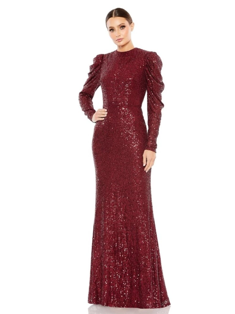 Mac Duggal Wine Burgundy Sequin Juliet Sleeve Trumpet Gown